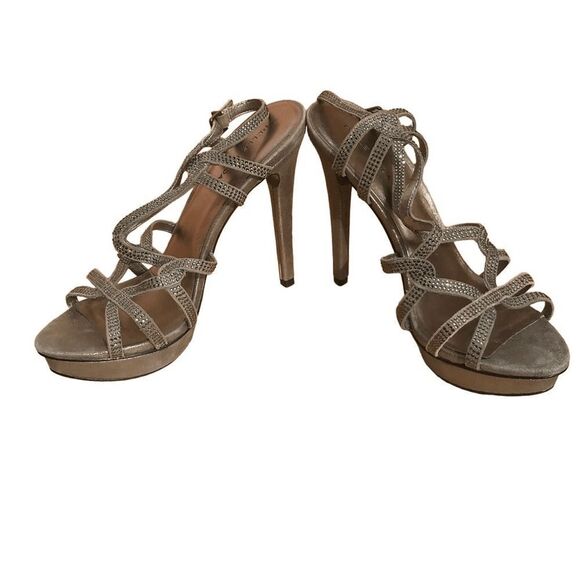Pelle Moda 4” Stiletto Strappy Platform  Open Toe Pewter Rhinestone Heels Sz 9.5 - Picture 1 of 11